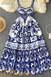 Znbbw Runway Summer Maxi Dress Women's Spaghetti Strap Backless Blue and White Porcelain Print Party Vestidos Women Clothing