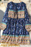 Znbbw Autumn Women's Travel Holiday indie Style Dress New Sweet Loose Thin Printed Long-sleeved Mid-length Dress GD647