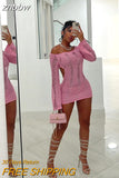 znbbw Summer Sexy Hollow Out Bodycon Bcakless Mini Dresses Club Outfit For Women 2023 Long Sleeve Pink Knit Short Dress Female