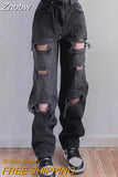 Znbbw Women Baggy Jeans Punk Style Retro Graphic Streetwear Black High Waist Denim Pants Y2K Wide Leg Casual Ripped Hole Trousers