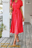 Znbbw Dot Dress Women 2023 New Summer Casual V-Neck Button Short Sleeve Midi Dresses Female Holiday Boho Beach Dresses Vestidos