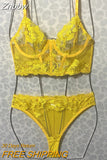 Znbbw Sensual Lingerie Transparent Bra Fancy Underwear Set Women 2 Piece Floral See Through Lace Outfit Yellow Fairy Intimate