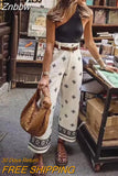 Znbbw TRAF Women Vintage Patchwork Embroidery Casual Linen Wide Leg Pants Chic High Waist Zipper Ankle Length Trousers