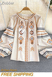 Znbbw Women Spring Autumn Blous Retro Loose Ethnic Style Embroidery Thin Lantern Sleeve Doll Top Female Pullover Shirt D3061