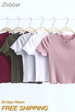 Znbbw Wood ears O neck Short sleeve T-shirt 2023 New Woman Slim Fit t shirt tight tee Summer Retro Tops 6 colors