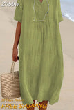 Znbbw V-neck Short Sleeve Pleated Long Dress Simple Solid Color Loose Women Dress 2023 Summer Beach Cotton Linen Dress Vestidos