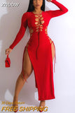 znbbw Summer Sexy Solid Long Dresses Party For Women 2023 Long Sleeve Hollow Out Bandage Side Slit Maxi Dresses Club Dresses