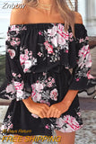 Znbbw Women Sexy Floral Print Dress Summer Sexy Off Shoulder Casual Flare Sleeve Tunic Dress Female Boho Party Mini Dresses Vestidos