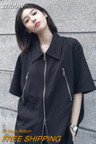 znbbw 2023 Summer Streetwear Short Sleeve Woman Black Shirt Oversize Y2K Zipper Up Woman Tunic Blouse Female Clothing Top