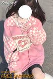 Znbbw Korean Fashion Plaid Hoodies Women Harajuku Kawaii Zip Up Oversized Sweatshirts Pink Checkerboard Casual Tops Vintage