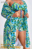 znbbw Printing Bandage Plus Size 3 Piece Swimsuit Summer Outfits For Women 2023 Sexy Long Sleeve Cover Ups Beach Vacation Wear