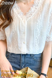 Znbbw Short Sleeve White Blouse Women Lace V-Neck Blouse Shirt Blusas Mujer De Moda 2023 Verano Women Tops Blouses Shirts F452