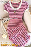 znbbw Women Short Sleeve Round Neck Striped Luxury Sheath Mini Dresses 2023 Summer Patchwork High Waist Slim Fit Knitting Dress