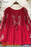 Znbbw Women Spring Summer Blouse French Printed Shirt New Loose Long Sleeve Design Small Retro Lantern Sleeve Embroidery Top D2564