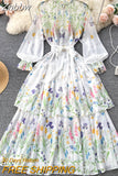 Znbbw New Spring Runway Floral Holiday Chiffon Dress Women's Flare Sleeve Vintage Print Big Swing Multi-Level Cake Long Dress