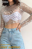 Znbbw Embroidered Flares Glitter Sexy T-shirt Women O Neck Full Sleeve Crop Top Ladies Mesh Shiny Slim Party T-shirts Tops