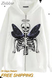 Znbbw Fashion Hot-selling Rhinestones Skeleton Print Black Y2k Gothic Long-sleeve Full Zip Hoodie Oversized Sweatshirt Jacket