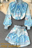 Znbbw 2 Piece Shorts Set Women Stand Collar Long Sleeve Single Breasted Print Blouses + Mini Pockets Belt Shorts Suit N2159
