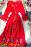 Znbbw Winter Women Dress Vacation Beach Sunscreen Long Dress Bohemian Ethnic Retro Embroidered Dress with Flared Sleeves D1821