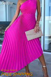 Znbbw Lady Hollow Out Sleeveless Slim Fit Evening Dress Summer Solid Irregular Dress Sexy Inclined shoulder Pleated Long Dress