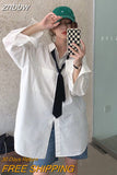 znbbw 2023 Summer Minimalist Long Sleeve Tie Women White Shirt Korea Style Button Loose Woman Blouse Work Female Clothing Tops