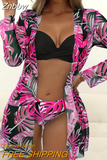 Znbbw Women Gauze Floral Printed Bikini Swimwear Set Full Sleeve Cover Up Three Pieces Sets 2023 Fashion Summer Beach Bathing Suit