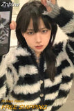 Znbbw Harajuku Striped Knitted Cardigan Women Vintage Grunge Hollow Out Cropped Sweater Retro V-neck Loose Knitwear Tops Kpop