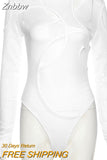 Znbbw Solid Color Bodysuit See-Through Sexy Hollow Design Women Top Jumpsuits Slim Fit For High Street Clubwear Female