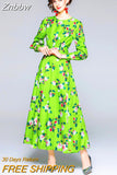 Znbbw 2023 Autumn Designer Runway Long Maxi Dress Women's O-Neck Long Puff Sleeve Green Floral Print Holiday Party Dress N8617