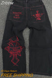 Znbbw Leg Women Jeans Y2K Streetwear Casual Hip Hop Pants Men Trousers Retro Skull Embroidery Washed Loose Pantalones