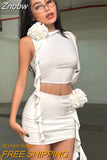 Znbbw Piece Set Women Ribbons Trim Outfits Sexy Flower Sleeveless Crop Top+High Waist Slim Mini Skirts 2023 Summer Lolita Clothes