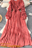 Znbbw Women Autumn Winter Dress New Style Agaric Ruffle V-neck Pleated Cake Sleeve Waist Closing A-line Pleated Long Dress D2155