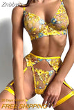 Znbbw Floral Lingerie Luxury Lace Delicate Underwear Uncensored Sexy Garter Brief Sets 4-Piece Fancy Transparent Intimate