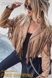 Znbbw Women Y2k Fringed Hem Tassel Cardigan Crop Tops E-girl Motor Biker Jacket Suede Leather Jacket 90s Vintage Streetwear Coat Cool