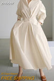 znbbw New Oversized Elegant Women Spring Sundress Fashion Lapel Neck Long Sleeve Solid Long Shirt Dress OL Vestidos Robe Femme