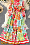 Znbbw 2023 Autumn Runway Long Dresses Women's Long Sleeve Gorgeous Flower Print Buttons up Holiday Party Dress Robe Longue