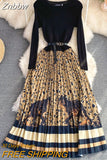 Znbbw Winter Knitted Patchwork Leopard Vintage Print Sweater Dress Women Long Sleeve Sashes Contrast Pleated Midi Vestidos