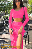 znbbw Fall Sexy Solid Ribbed 2 Two Piece Sets Fall Outfit For Women 2023 Long Sleeve O Neck Crop Top And Skirt Sets Female