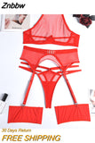 Znbbw Exotic Lingerie Lace Sexy Thong Woman Transparent Mesh Bra Erotic Underwear 4-Piece Garters Porn Outfits
