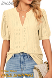 Znbbw Solid Lace Woman Shirt Elegant Hollow Puff Short Sleeve Pullover Blouse Women Casual V-neck Loose Lady Tops Blusas 24698