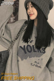Znbbw Korean Style Letter Print Gray Hoodies Women Harajuku Hip Hop Oversized Sweatshirts Black Casual Pullover Tops Vintage