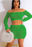 Znbbw Knitted Hollow-out Two-piece Set Sexy Women Long Sleeve Crop Top Slim Mini Skirt Outfit Summer Beach Holiday Sunscreen Suit