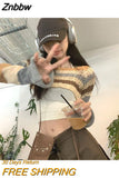 Znbbw Y2K Vintage Striped Knitted Cropped Sweater Women Harajuku Hollow Out Patchwork Pullover Korean Fashion Casual Jumper