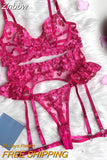 Znbbw Fancy Lingerie Heart-Shaped Embroidery Underwear Ruffle Garter Brief Sets See Through Luxury Lace Fairy Intimate