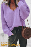 Znbbw Knitted Sweater Women Streetwear V Neck Long Sleeve Pullovers Loose Solid Coat 2023 Autumn Winter Fashion Women's Sweater