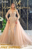 Znbbw Women Mermaid Deep V Neck Long Sleeve Gowns Lady Lace Hollow Out Simple Long-sleeved Dress 2023 Fashion Champagne Gold Robe