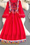 Znbbw Ethnic Style New Embroidery Tassel Lace Cotton and Linen Vestidos Female V-neck Puff Sleeve Large Midi Dress GK857