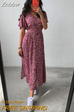 Znbbw French Style Flower Printed Dress Women V-Neck Elegant Lace-up Sundress Summer Elegantes Para Mujer 2023 Maxi Dress Vestido