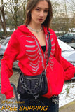 Znbbw Up Gothic Red Hoodie Y2k Autumn Women's Rhinestone Skull Casual Oversized Sweatshirt Punk E-girl Harajuku Long Sleeve Jacket