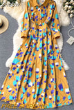 Znbbw 2023 Autumn Runway Long Dresses Women's Long Sleeve Gorgeous Flower Print Buttons up Holiday Party Dress Robe Longue